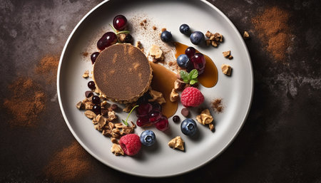 Fresh raspberry dessert on rustic wooden plate generated by artificial intelligenceの素材