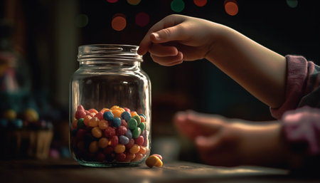 Cute girls holding sweet candy jar indoors generated by artificial intelligenceの素材