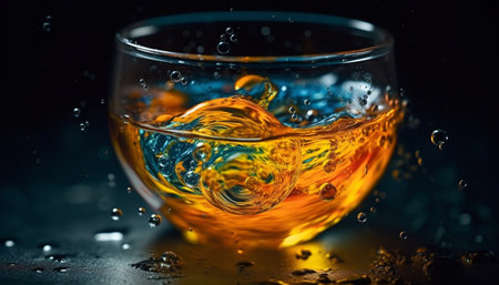 Liquid gold pouring into crystal whiskey glass generated by artificial intelligenceの素材