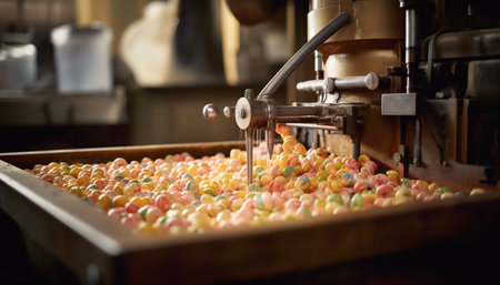 Abundance of candy in factory machinery close up generated by artificial intelligenceの素材