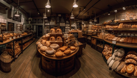Abundance of fresh bread in rustic bakery generated by artificial intelligenceの素材