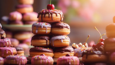 Stack of sweet treats on wooden table generated by artificial intelligenceの素材