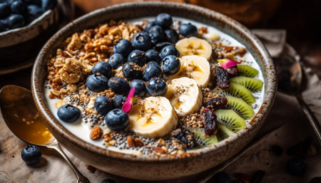 Fresh berry yogurt bowl with granola crunch generated by artificial intelligenceの素材