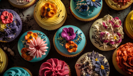 Homemade gourmet cupcakes with ornate icing decoration generated by artificial intelligenceの素材