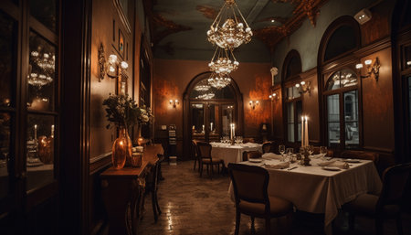 Luxury dining room with elegant chandelier lighting generated by artificial intelligenceの素材