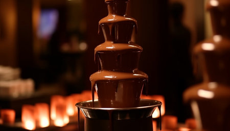 Melting chocolate fondue covers fresh strawberries and marshmallows generated by artificial intelligenceの素材