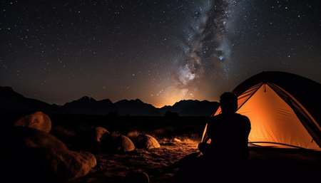 Men and women sit, star gazing in nature generated by artificial intelligenceの素材