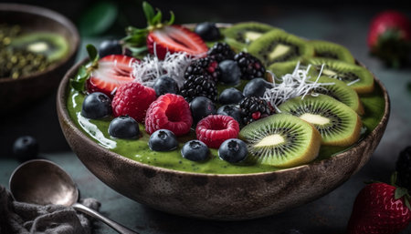 Fresh raspberry bowl, gourmet dessert for healthy eating generated by artificial intelligenceの素材