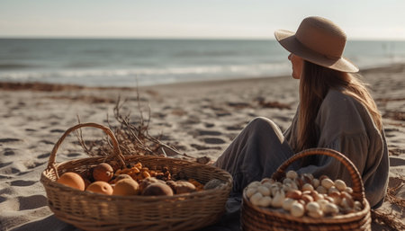 One woman sitting in nature holding fruit generated by artificial intelligenceの素材