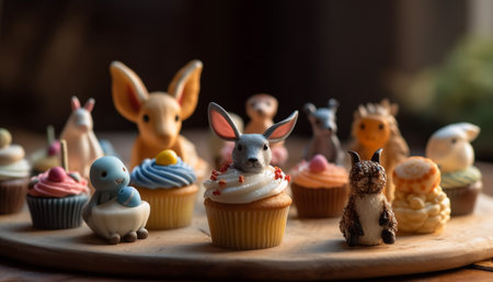 Homemade baked cupcakes with cute animal decoration generated by artificial intelligenceの素材