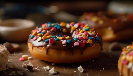 Indulgent homemade donuts stacked high on plate generated by artificial intelligenceの素材