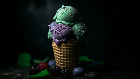 Fresh berry ice cream cone, a summer indulgence generated by artificial intelligenceの素材