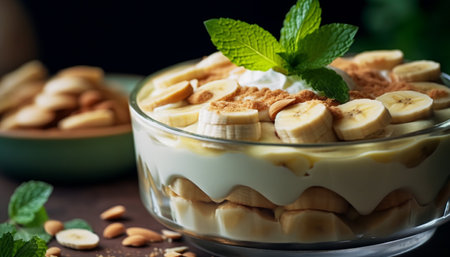 Whipped cream, chocolate, and fruit parfait indulgence generated by artificial intelligenceの素材