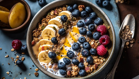 Fresh berry yogurt bowl with granola and honey generated by artificial intelligenceの素材
