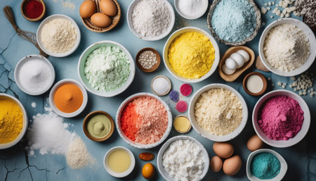 Vibrant colors of homemade dessert collection on wood generated by artificial intelligenceの素材