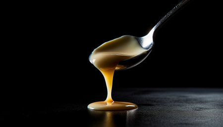 Sweet chocolate pouring over silver spoon still life generated by artificial intelligenceの素材