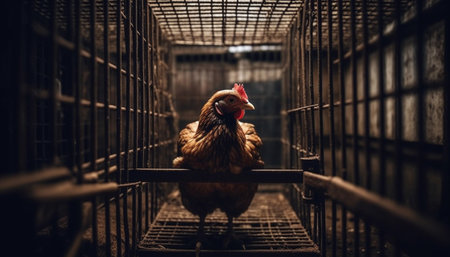Feathered friends trapped in poultry prison enclosure generated by artificial intelligenceの素材
