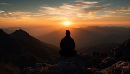 Silhouette of men hiking mountain peak at sunset generated by artificial intelligenceの素材