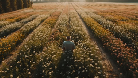 Caucasian couple sitting in tranquil meadow sunset generated by artificial intelligenceの素材