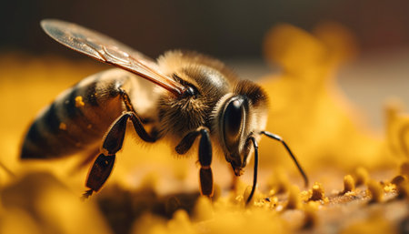 Busy honey bee collecting pollen from flower generated by artificial intelligenceの素材