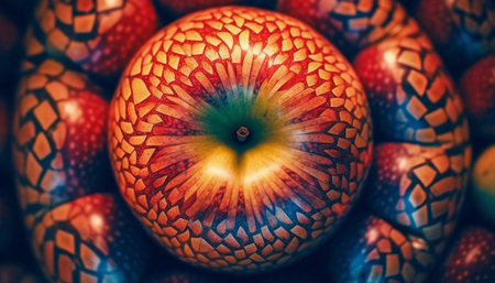 Ornate leaf decoration on ripe fruit indoors generated by artificial intelligenceの素材