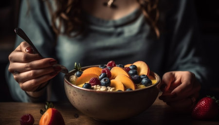 Caucasian woman holding bowl of fresh berries indoors generated by artificial intelligenceの素材