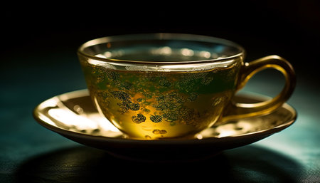 Hot drink in elegant crockery on table generated by artificial intelligenceの素材