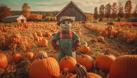 Harvesting pumpkins for Halloween decoration, smiling farmer generated by artificial intelligenceの素材