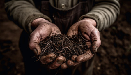 Farmer hands planting seedlings in muddy soil generated by artificial intelligenceの素材