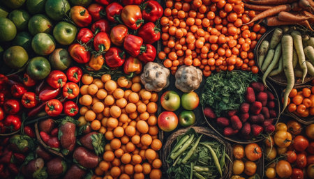 Fresh vegetables and fruits, healthy lifestyle choice generated by artificial intelligenceの素材