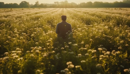 Silhouette of woman meditating in tranquil meadow generated by artificial intelligenceの素材