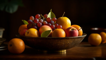Fresh fruit bowl on rustic wood table generated by artificial intelligenceの素材
