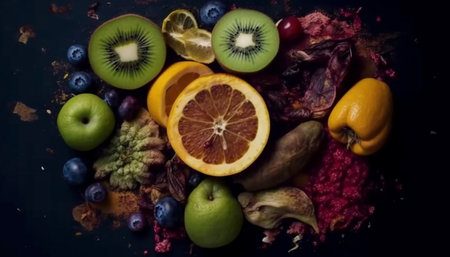 Fresh fruit collection, healthy variety for gourmet eating generated by artificial intelligenceの素材