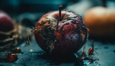 Fresh organic apple drops on wet leaf generated by artificial intelligenceの素材