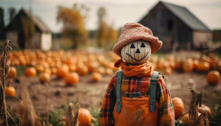 Rustic farm harvests spooky pumpkin patch fun generated by artificial intelligenceの素材
