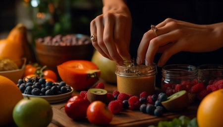 Fresh berry bowl, homemade and organic goodness generated by artificial intelligenceの素材