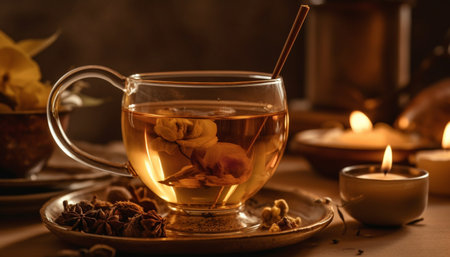 Hot drink on wooden table with candle generated by artificial intelligenceの素材