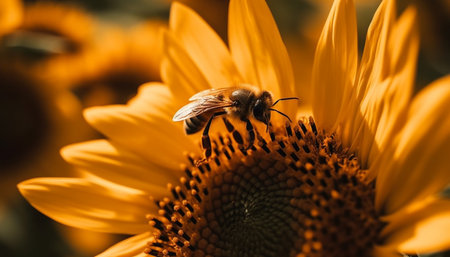 Busy honey bee collecting pollen from sunflower generated by artificial intelligenceの素材