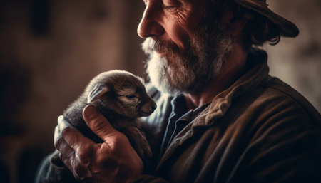 Senior man hugs cute puppy, pure love generated by artificial intelligenceの素材