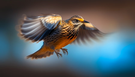 Yellow bird perched on branch, feathers spread generated by artificial intelligenceの素材