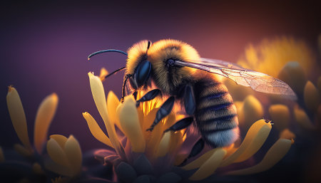 Golden bee pollinates vibrant flower in nature beauty generated by artificial intelligenceの素材