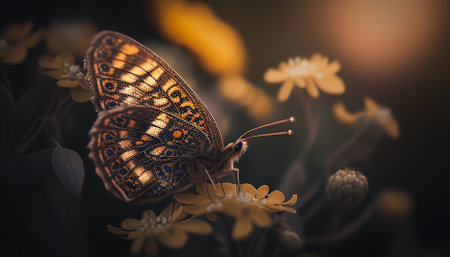 Vibrant butterfly pollinates yellow flower in nature elegance generated by artificial intelligenceの素材