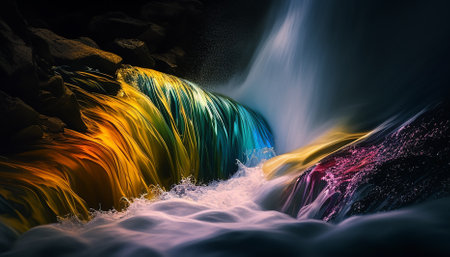 Flowing water splashes over rocks in nature generated by artificial intelligenceの素材