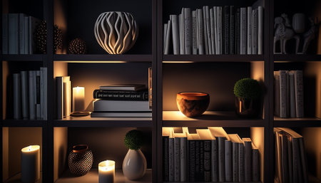 Modern library illuminated by electric lamp at night generated by artificial intelligenceの素材