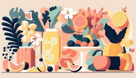 Fresh fruit and vegetable collection for healthy eating generated by artificial intelligenceの素材