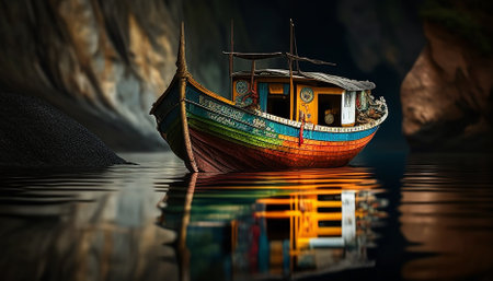 Indigenous men fish on tranquil nautical vessel generated by artificial intelligenceの素材