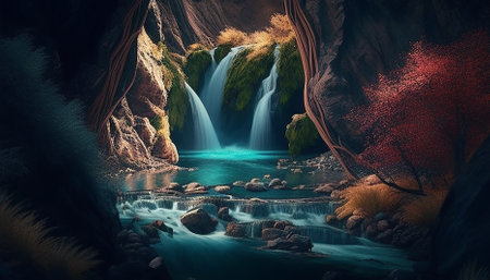 Smooth flowing water splashing over majestic rocks generated by artificial intelligenceの素材