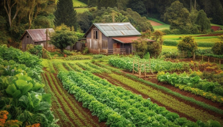 Fresh organic vegetables grow in rural mountain meadow generated by artificial intelligenceの素材