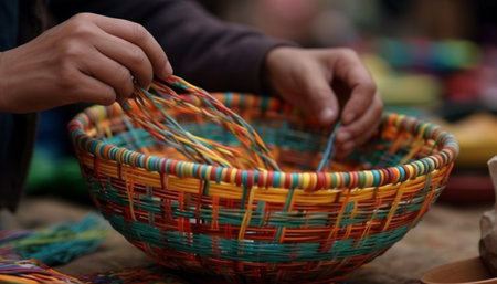Handmade wicker basket woven with multi colored wool generated by artificial intelligenceの素材
