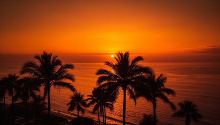 Silhouette of palm tree against vibrant sunset generated by artificial intelligenceの素材
